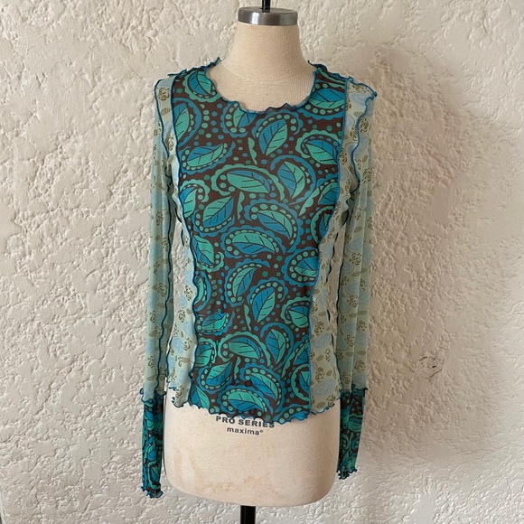 Anna Sui Sheer Mesh Paisley Green Posies Top Size Medium, Boho 90's Long Sleeve - Picture 1 of 9